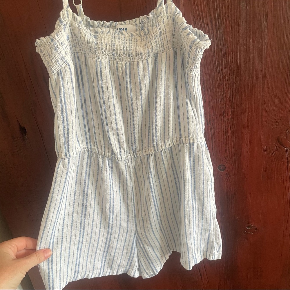 Girls blue & White Linen Romper